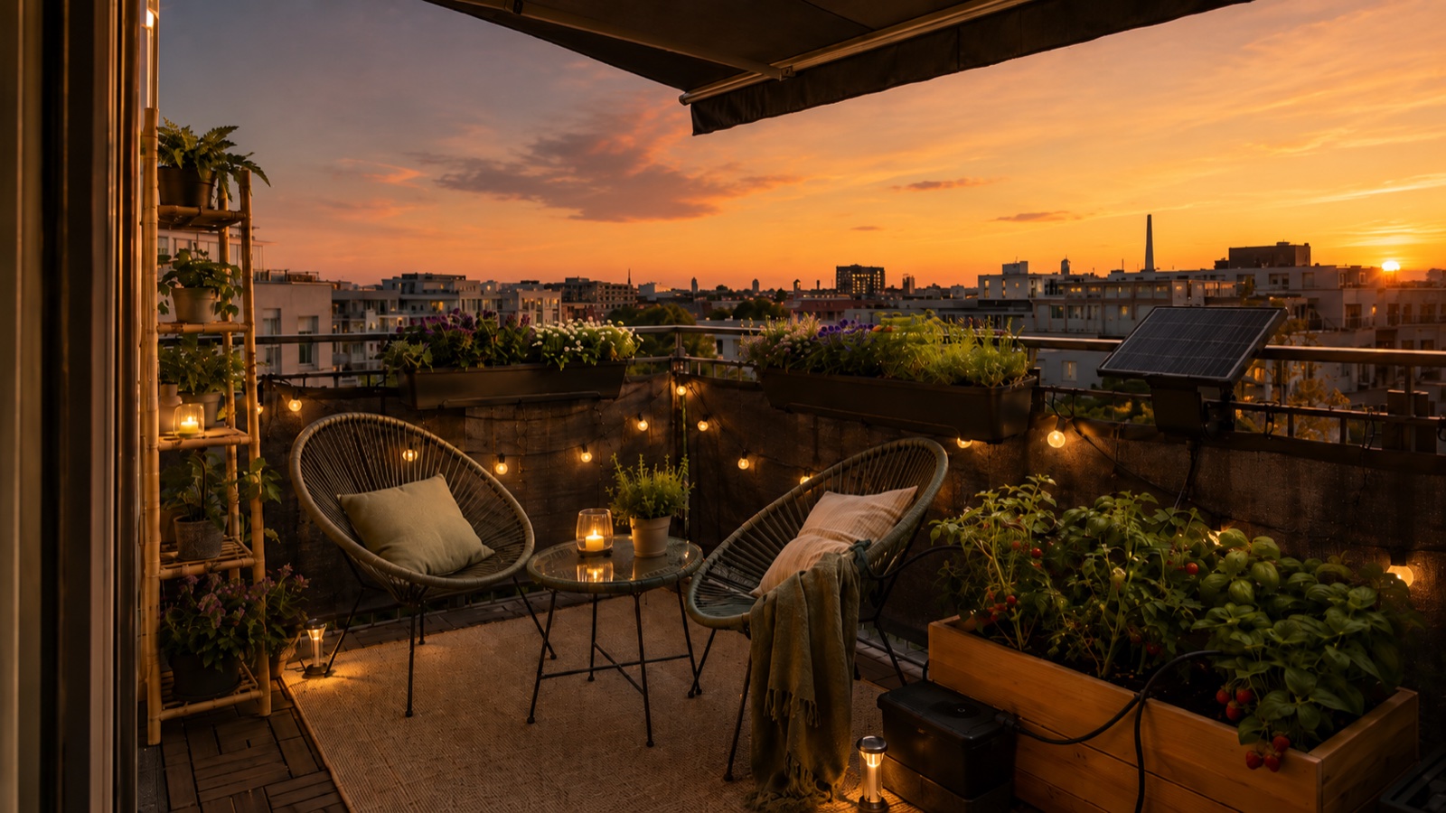Moderner kleiner Mietbalkon am Abend